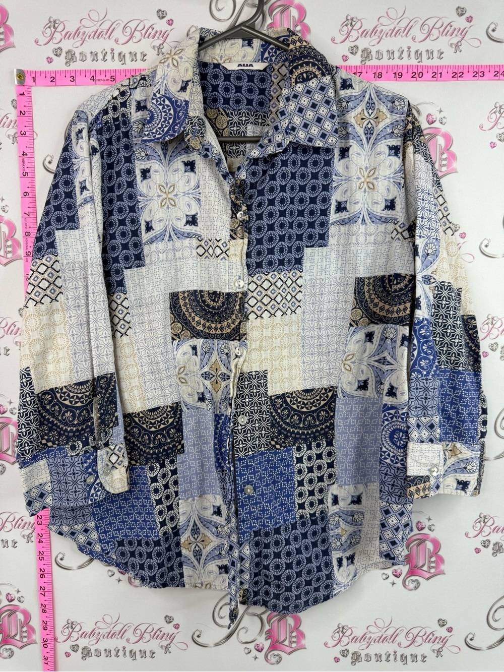 Alia shirt patches Patchwork Button-Up Shirt in Navy, Blue, Cream